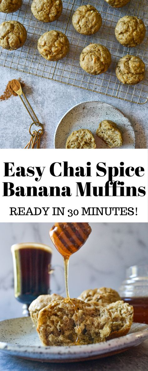 These Easy Chai Spice Banana Muffins are spiced with all your favorite Fall flavors! They're fluffy, cozy and go great with a chai latte. #ChaiSpice #BananaMuffins #MuffinRecipe #ChaiSpiceMuffins #FallRecipes #FallVibes Banana Flour, Thai Spices, Blender Muffins, Cheesecake Muffins, Jumbo Muffins, Orange Muffins, Spice Muffins, Banana Muffin Recipe, Fall Flavors