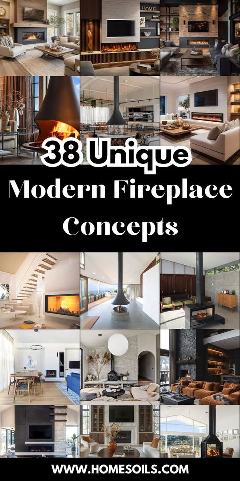 Explore 38 unique modern fireplace concepts that blend sleek design with cozy ambiance! Visit our site for innovative ideas and tips to transform your home with a stylish, contemporary fireplace! Modern Gas Fireplace Surrounds, Double Sided Modern Fireplace, Indoor Gas Fireplace Modern, Tall Fireplace Ideas Modern, Modern Mountain Home Interior Fireplaces, Unique Fireplace Mantle Ideas, Statement Fireplace Ideas, Trending Fireplaces 2024, Mountain Modern Home Interiors Living Room