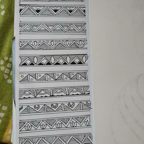 Madhubani border Madhubani Pattern Design, Madhubani Basic Designs, Mandana Rajasthani Art Border, Warli Painting Border Design, Madhubani Designs Pattern, Mithila Painting Border Design, Warli Border Design, Folk Art Border Design, Madhubani Painting Border Design