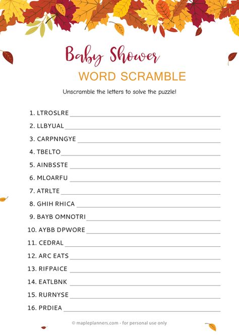 Download free printable fall baby word scramble. Simply download and print. #fallbabyshower #autumnbabyshower #babyscrambles Pumpkin Themed Baby Shower Games, Baby Shower Word Scramble Printable Free, Fall Baby Shower Games Free Printable, Baby Shower Word Scramble, Fall Themed Baby Shower Games, Free Baby Shower Games Printables, Fall Baby Shower Games, Baby Word Scramble Answers, Thanksgiving Baby Shower