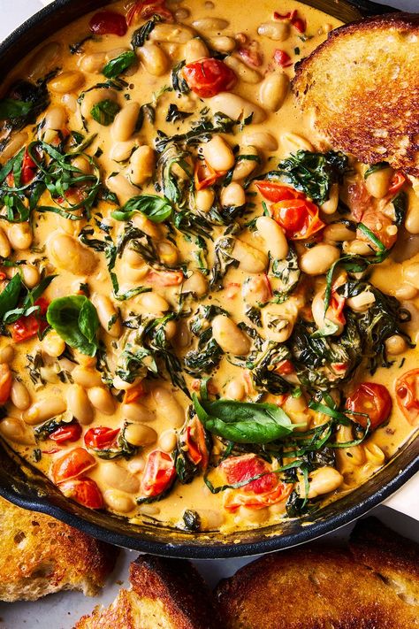 Creamy Tuscan White Bean Skillet White Bean Skillet, Tuscan White Bean, Northern Beans, Skillet Dinners, Great Northern Beans, Bean Stew, Vegetarian Dinners, Skillet Meals, White Bean