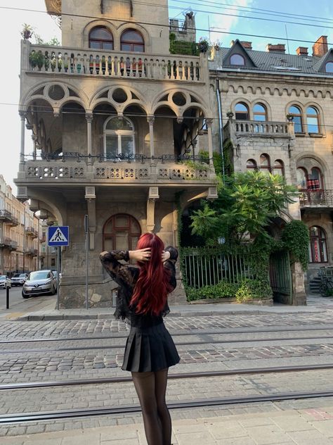 Red Hair Winter Outfits, Dark Red And Black Outfit Aesthetic, Red Hair Black Outfit, Red Girl Aesthetics, Cherry Red Girl Aesthetic, Red Hair Aesthetic Outfit, Cherry Girl Aesthetic Outfit, Cherry Hair Aesthetic, Red Hair Outfits Aesthetic