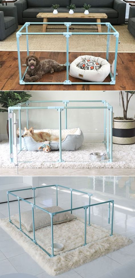 Small Dog Play Pen, Pet Enclosure Indoor, Clearly Loved Pets Pen, Indoor Dog Pen Ideas Diy, Puppy Pen Ideas Indoor Diy, Puppy Pens Indoor, Indoor Dog Enclosure, Diy Puppy Playpen Indoor, Dog Pens Indoor