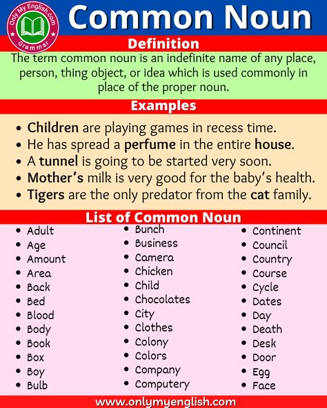 Common Noun: Definition, Examples, & List of words Common Noun, English Learning Books, Common Nouns, English Grammar Book, English Language Learning Grammar, Nouns Worksheet, Teaching English Grammar, Learn English Grammar, Good Vocabulary Words