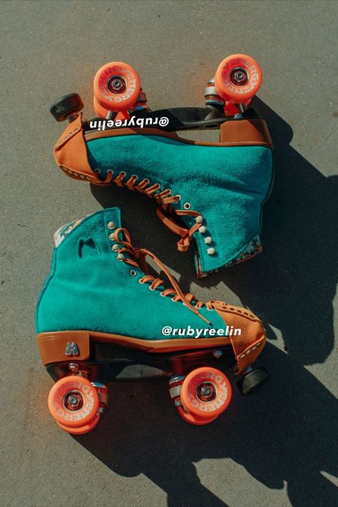 rollerskates with teal boots, orange wheel and laces lies flat on the ground Teal And Orange, Sport Shoes, Instagram Photos, Photo And Video, Instagram Photo, Orange, Sports, On Instagram, My Favorite