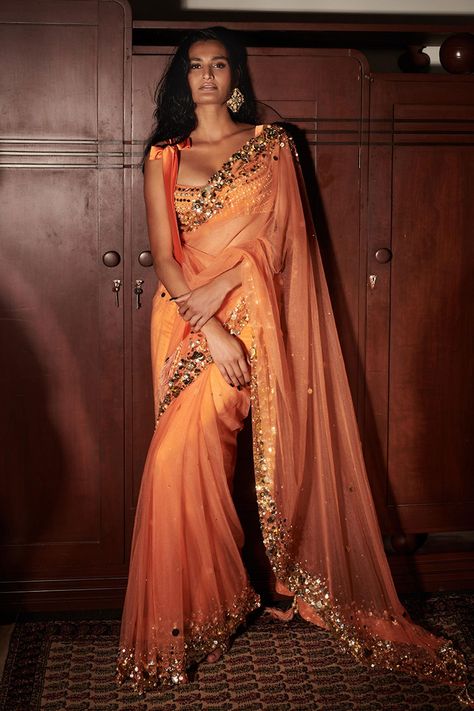 Buy Dilnaz Karbhary Orange Net Mirror Embellished Bustier Online | Aza Fashions Burnt Orange Saree, Farewell Sarees, Anklets Indian, Scalloped Blouse, Saree Blouses Online, Orange Mirror, India Wedding, Orange Saree, Indian Dresses Traditional