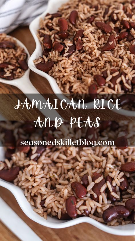 Jamaican Rice and Peas is a delicious, flavourful and quintessential Jamaican rice side dish recipe. Made using perfectly cooked rice and red kidney beans infused with flavours from a mix of thyme, escallion, pimento, scotch bonnet and garlic. The slight scotch bonnet heat is beautifully balanced with the creaminess of fresh coconut milk. Rice And Peas Jamaican, Rice And Peas Recipe, Jamaican Rice And Peas, Jamaican Rice, Rice And Beans Recipe, Carribean Food, Oxtail Recipes, Jamaican Cuisine, Red Kidney Beans