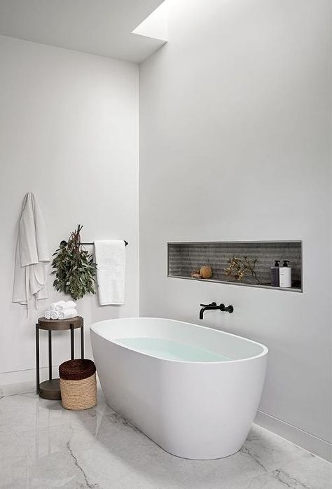 Freestanding Bathtub Accent Wall, Ledge Behind Freestanding Tub, Tub Filler Wall Mount, Bathtub Niche, Inset Bathtub, Wall Mounted Tub Filler, Marble Herringbone Floor, Gray Brick Wall, Bathroom Ideas With Bathtub