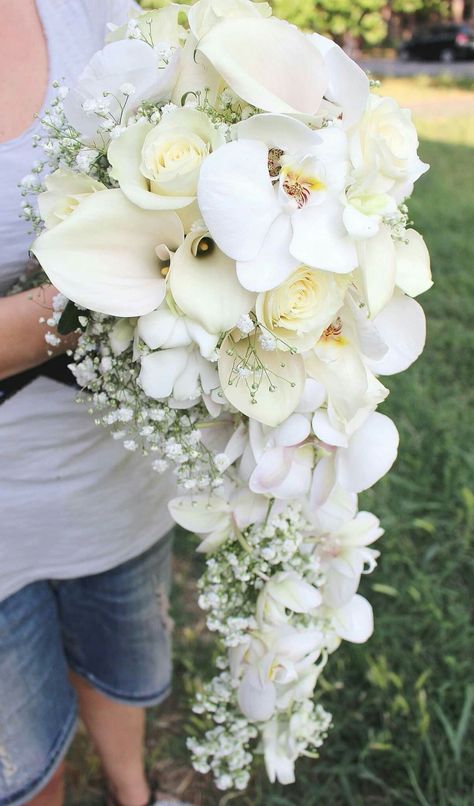 White Orchid Bouquet Cascading, All White Cascading Bouquet, All White Bridal Bouquet Cascading, White Hand Bouquet Wedding, Orchid And Peony Bouquet, Cascading Wedding Bouquets Orchids, White Orchid Bouquet Wedding, White Orchid Wedding Bouquet, Cascading Orchid Wedding Bouquet