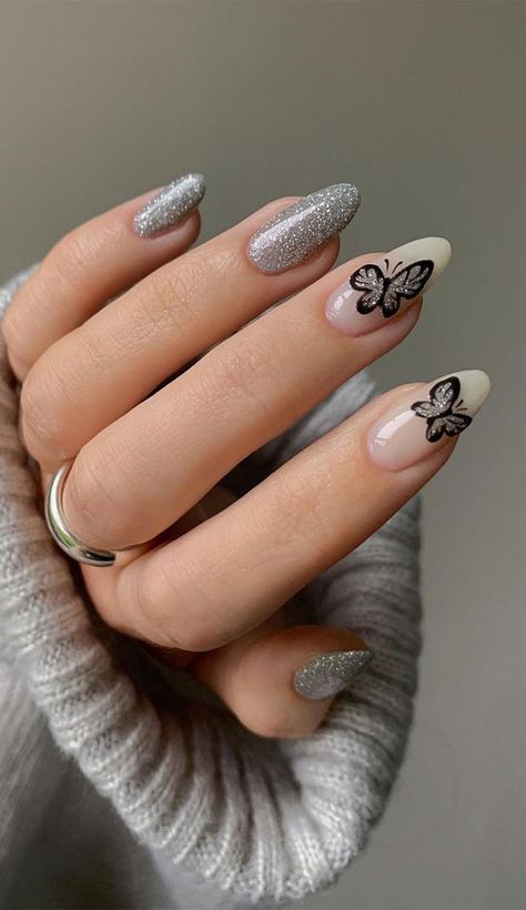 Sparkly Nail Designs, Nail Shapes Squoval, Birthday Nail Designs, Butterfly Nail Designs, New Years Eve Nails, Silver Glitter Nails, Confetti Nails, Butterfly Nail Art, Glamorous Nails