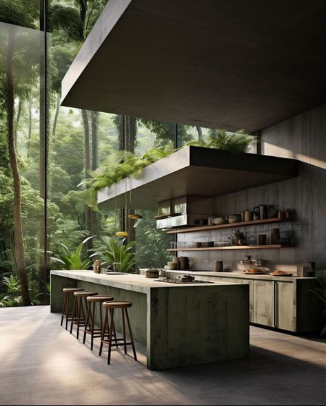 Brazilian Modern Home Design: Line Between Home and Nature Kitchen With A View, Forest Kitchen, Black Interior Design, Futuristic Home, Concrete Home, Concrete House, Home Building Design, Architect House, Cabin Homes