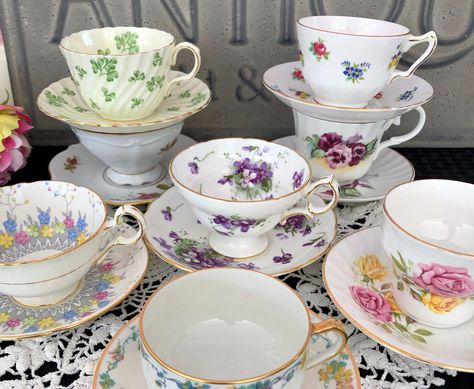 Vintage Tea Cups, Tea Cup Party, Mismatched China, Tea Party Favors, Breakfast Party, Tea Cups And Saucers, Bridal Luncheon, Bridal Tea, Tea Party Birthday