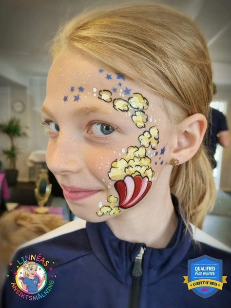 Popcorn Face Paint, Thanksgiving Facepainting, Harvest Festival Face Painting, Fall Festival Face Painting Ideas, Halloween Carnival Face Painting, Fall Fest Face Painting, Face Painting Flowers, Eye Designs, Face Paints