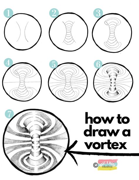 How to draw a vortex in 3 different ways! » Make a Mark Studios Optical Illusion Drawings Step By Step, Quick Art Lessons For Middle School, Op Art Tutorial, Op Art Lessons Step By Step, Opt Art Step By Step, Optic Illusion Art, Op Art Step By Step, Optical Illusions Art Step By Step, Optical Illusions Art Drawing