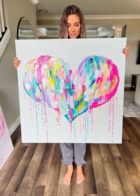 Diy Heart Painting On Canvas, Heart Painting On Canvas, Abstract Heart Painting, Heart Art Painting, Heart Paintings, Heart Art Projects, Canvas Art Painting Acrylic, Small Abstract Painting, Frida Art