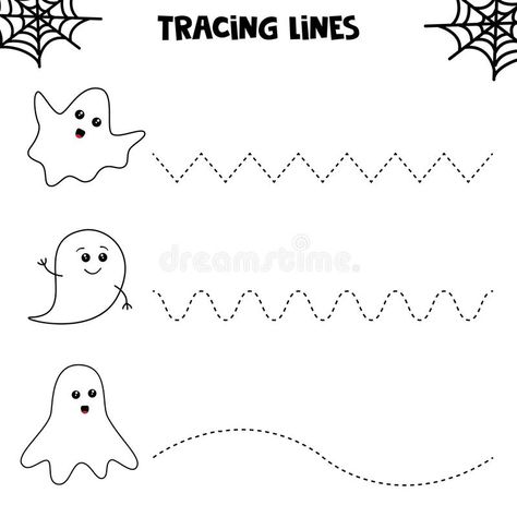 Educational worksheet for kids. Halloween games, tracing lines with ghosts. Handwriting practice. Educational worksheet for kids. Halloween games, tracing lines stock illustration Letter Worksheets For Preschool, Thema Halloween, Tracing Lines, Rainbow Cartoon, Preschool Tracing, Free Preschool Worksheets, Tracing Worksheets Preschool, Worksheet For Kids, Halloween Arts And Crafts