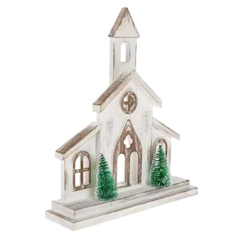 New Free Standing Whitewash Church Wood Decor. This Piece Is Shaped Like A Quaint Church With Window Cutouts, A Tall Steeple, And A Whitewashed Finish. In Front Of The Elegant Doors, There Are Two Bottle Brush Trees Lightly Dusted In White For A Snow-Kissed Finish. Pair This Church With Small Houses, Frosted Trees, And More To Create A Cute Village Display! Dimensions: 12.69" H X 11" W X 2.69" D Material: Mdf & Plastic Color: White, Brown & Green Wood Church Craft, Church Alters Design, Wood Churches Diy, Christmas Stage Design Church, Bottle Brush Tree Decor, Cute Village, Christmas Stage Design, Holiday Wood Crafts, Christmas Stage