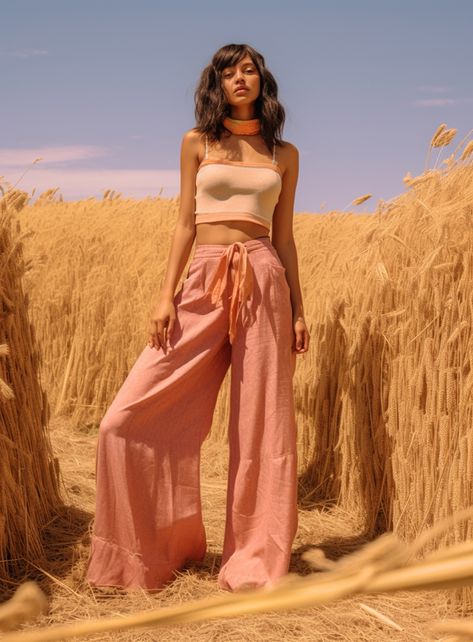 Pink Flowy Pants Outfit, Pink Boho Outfits, Flowy Pants Outfit, Bohemian Chic Outfits, 70s Tops, Spring Fashion Casual, Pink Spring, Flowy Pants, Chic Pink