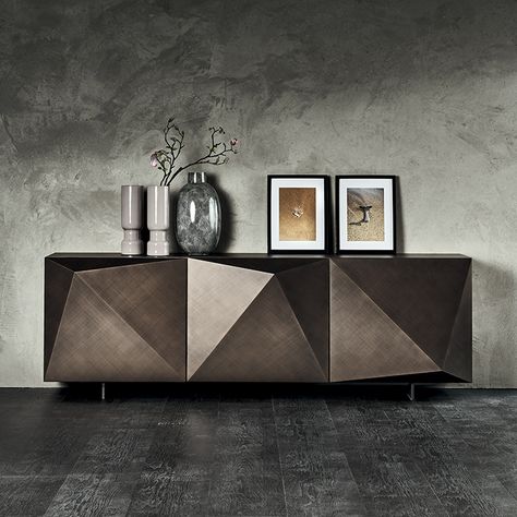 Contract Interior Design, Credenza Design, Cattelan Italia, Sideboard Designs, Modern Sideboard, Brushed Bronze, Glass Shelves, Interior Design Projects, Restaurant Design