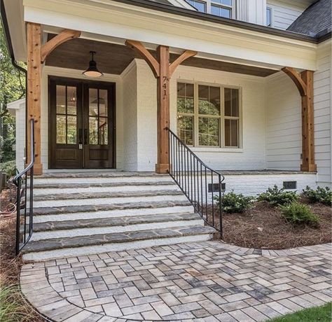 Brick paver walkway Exterior House Colors Bungalow, Wooden Posts Front Porch, New Exterior House Colors, Columns Ideas, Estilo Cottage, Brick Sidewalk, Front Porch Furniture, Front Porch Steps, Ranch House Exterior