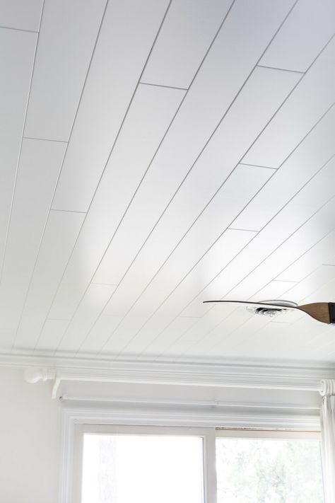 Armstrong WoodHaven Planks in Painted White on a bedroom ceiling. Ceiling Remodel, Covering Popcorn Ceiling, Wood Plank Ceiling, Shiplap Ceiling, Armstrong Ceiling, Plank Ceiling, Beadboard Ceiling, Popcorn Ceiling, Basement Ceiling