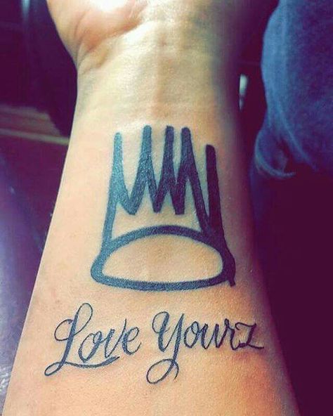 Born Sinner Tattoo, J Cole Crown, Sinner Tattoo, Love Yourz J Cole Tattoo, Love Yourz J Cole, J Cole Tattoo, Born Sinner, Side Hip Tattoos, Love Yourself Tattoo