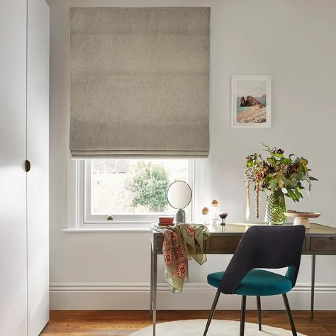 Boheme Hemp Roman Blind | Hillarys Roman Blinds Bathroom, Bay Window Inspiration, Silver Grey Curtains, Cafe Style Shutters, Living Room Shutters, Living Room Bay Window, Blinds Inspiration, Blinds For French Doors, Shutters Living Room