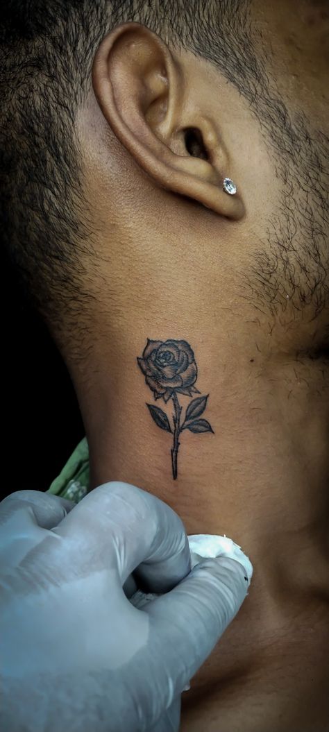 Rose On Neck Tattoo Men, Rose On Back Of Neck, Small Rose Neck Tattoo, Flower Neck Tattoo Men, Rose Tattoo Men Neck, Red Rose Neck Tattoo, Rose On Neck Tattoo, Rose Neck Tattoo Men, Rose Tattoo On Neck