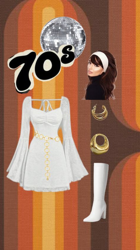 White bell sleeve dress with accessories and 70’s style hair. 70’s disco ootd. 70s Outfits Disco, 70s Disco Hair, White Bell Sleeve Dress, 70s Disco Outfit, 70s Disco Dress, Disco Hair, 70’s Disco, Disco 70s, 70’s Style