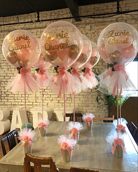 Ready To Pop Centerpieces, Ballon Centre Piece, Pink Balloon Centerpieces, Baby Shower Balloon Centerpieces, Tulle Centerpiece, Tulle Balloons, Balloon Centerpiece, Deco Ballon, Rose Gold Party