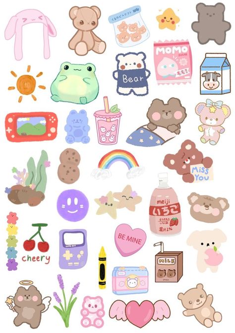 Cute Sticker Pack Printable, Sticker Pack Template, Stiker Kawaii Cute, Sticker Sheets Aesthetic, Korean Printable, Sheets Aesthetic, Printable Sticker Sheets, Korean Stickers, Scrapbook Printing