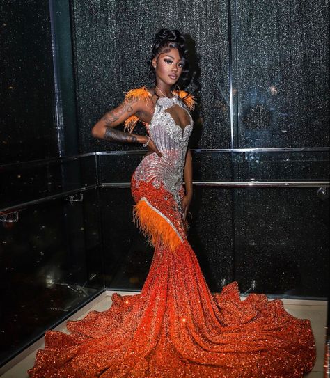 Feather Birthday Party, Luxury Birthday Dress, Exotic Prom Dresses, Orange Mermaid Prom Dress, Orange Mermaid, Elegant Evening Gown, Orange Prom Dresses, Prom Dress With Train, Sparkly Prom Dresses