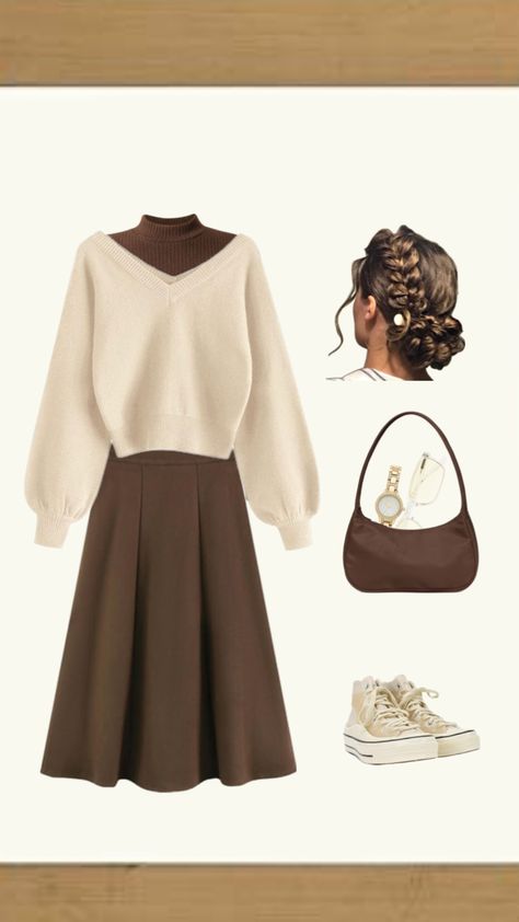 #pentecostal #outfitinspo #ootd #aestehthic #preppy #currentaesthetic #brown #cream # Cream Outfit Ideas, Cream Outfit, Church Fits, Church Outfits, Brown Dress, Modest Outfits, Classy Outfits, Winter Outfits, Outfit Ideas