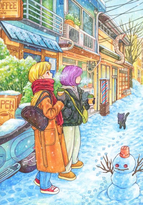 Anime Canvas Painting, Illustration Journal, Color Drawing Art, Kids Watercolor, Winter Morning, Cute Paintings, Cute Kawaii Drawings, Art Lesson Plans, Vintage Poster Art