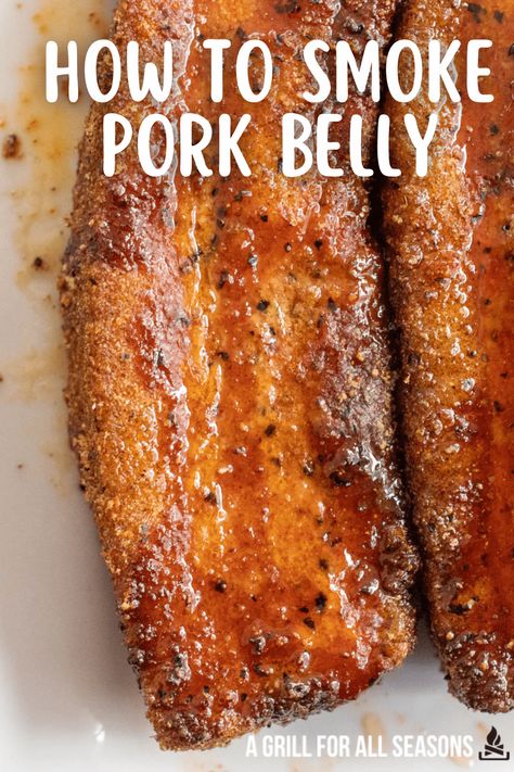 Smoked Pork Belly Bacon Recipes, Crisp Pork Belly, Smoked Pork Belly Recipes Smokers, Pork Belly On Smoker, Pork Belly Traeger, Pork Belly On Pellet Grill, Pork Belly Blackstone, Pork Belly Kabobs, Pork Belly Grill Recipes