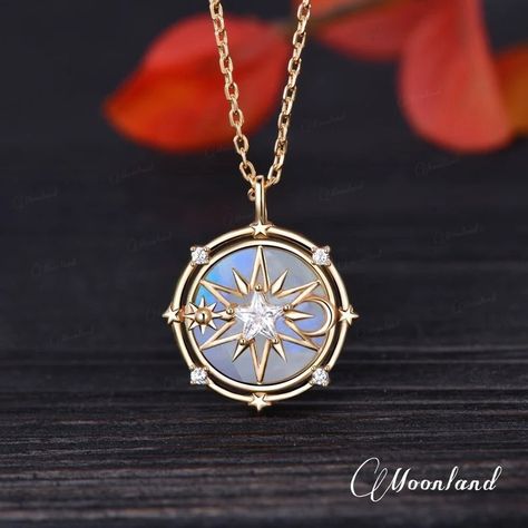 Vintage Moonstone Pendant Yellow Gold North Star Compass Pendant Celestial Jewelry Sun Moon Star Pentagon Charm Dainty Gold Compass Jewelry - Etsy Necklace Pendant Design, Star Fits, Compass Jewelry, Jewelry Drawer, Compass Pendant, Celestial Necklace, Compass Necklace, Magical Jewelry, Atticus