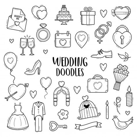 Wedding Doodles Couple, Wedding Drawing Ideas, Wedding Doodles Simple, Wedding Drawing Easy, Marriage Doodle, Wedding Journal Ideas, Wedding Bujo, Wedding Bullet Journal, Wedding Drawings