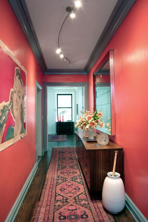 Coral and teal paint with antique rug. Dark Grey Hallway, Pink Hallway, Dark Academia Room, Grey Hallway, Academia Room, Coral Walls, Hallway Design, Retro Interior, Upper West Side