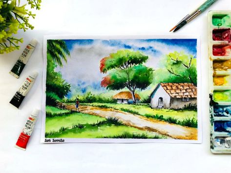 It's a very easy watercolour painting for beginners . You can see full tutorial of this in my Youtube channel :: Art Levels Watercolour Painting For Beginners, Landscape For Beginners, Easy Watercolour Painting, Watercolor Scenery Painting, Landscape Painting For Beginners, Landscape Drawing Easy, House Scenery, Sketchbook Love, Scenery Drawing For Kids