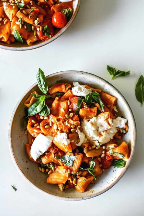 Harissa Pasta is so simple to make in 30 minutes and loaded with flavor! Add more or less spice and balance it out with burrata and basil. Harissa Pasta, Pine Nuts Pasta, Lamb Pasta, Pasta Pomodoro, Pine Nut, Recipe 30, Healthy Pasta Recipes, Weeknight Dinner Recipe, Healthy Pastas