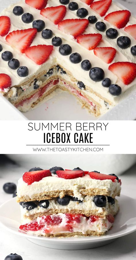 Summer berry icebox cake recipe by The Toasty Kitchen. Summer berry icebox cake is the perfect summer treat for your next picnic or 4th of July celebration. This no-bake dessert is made with layers of cream cheese mousse, graham crackers, and fresh summer berries. #iceboxcake #summericeboxcake #summerberrycake #summer #dessert #nobake #fourthofjuly #july4th Summer Berry Icebox Cake, Berry Icebox Cake, No Bake Summer Desserts, No Bake Banana Pudding, Sweet Whipped Cream, Icebox Cake Recipes, Berry Dessert, 4th Of July Desserts, Summer Dessert Recipes