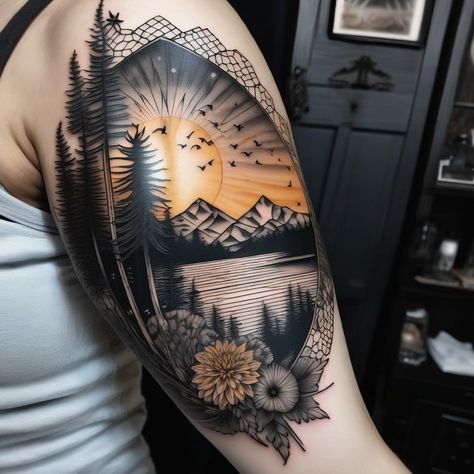 American Traditional Landscape Tattoo, Diamond Mountain Tattoo, Fall Scene Tattoo, Mandala Mountain Tattoo, Mountain Arm Tattoo Women, Sunset Tattoo Black And White, Sunrise Tattoos For Women, Black Hills Tattoo, Mountain Sunset Tattoo