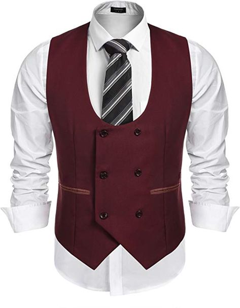 COOFANDY Men's Slim Fit Dress Suits Double Breasted Solid Vest Waistcoat, Red, X-Large at Amazon Men’s Clothing store: Business Suit Vest, Business Vest, Vest Plus Size, Double Breasted Dress, Double Breasted Vest, Slim Fit Suit Men, Mens Suit Vest, Sleeveless Suit, Suit Waistcoat