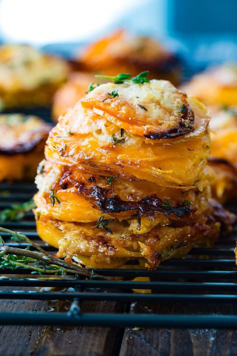 Cheesy Gruyere Sweet Potato Stacks Potato Stacks Recipes, Sweet Potato Stacks, Sweet Potato Side Dish, Sweet Potato Sides, Thanksgiving Vegetables, Potato Stacks, Best Thanksgiving Side Dishes, Thanksgiving 2022, Thanksgiving 2024