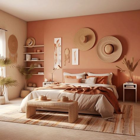 Apricot Bedroom Ideas, Peach Bedroom Ideas, Bedroom Terracotta, Artistic Interior Design, Terracotta Bedroom, New Home Wishes, Parents Bedroom, House Outer Design, Calming Bedroom