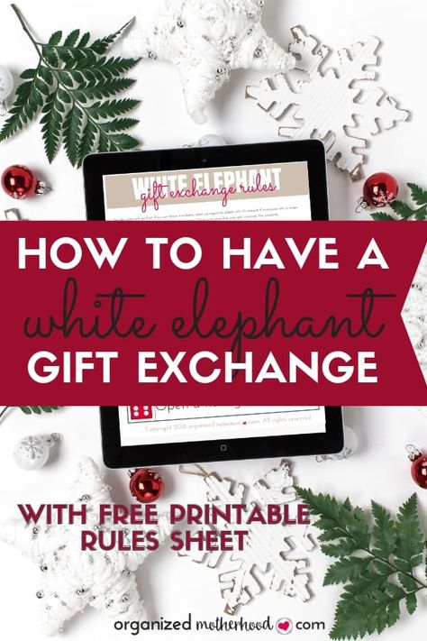 A white elephant, Yankee exchange, or gift swap is a fun way to exchange presents at your next Christmas party. Download the free printable rules sheet and bring this to your holiday gathering! White Elephant Christmas Party, Gift Exchange Rules, White Elephant Rules, White Elephant Christmas, Yankee Swap Gift, White Elephant Gift Exchange, White Elephant Party, Holiday Organization, Swap Gifts