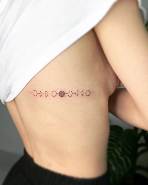 Moon Phases Tattoo Ribs, Moon Tattoos For Women, Moon Cycle Tattoo, Blue Moon Tattoo, Moon Tattoo Ideas, Astronomy Tattoo, Half Moon Tattoo, Anniversary Tattoo, Moon Phases Tattoo