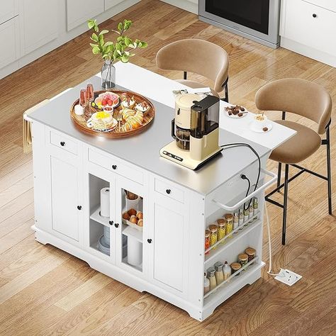 Amazon.com: YITAHOME Kitchen Island with Stainless Steel Top & Power Outlet, 60 Inch Kitchen Island on Wheels with Drop Leaf, Large Rolling Mobile Center Islands w Storage Drawer Cabinet Counter Metal Top, White : Home & Kitchen 60 Inch Kitchen Island, Moveable Kitchen Island, Kitchen Table With Storage, Island Cabinet, Drop Leaf Kitchen Island, Island On Wheels, Storage Island, Steel Countertop, Kitchen Furniture Storage