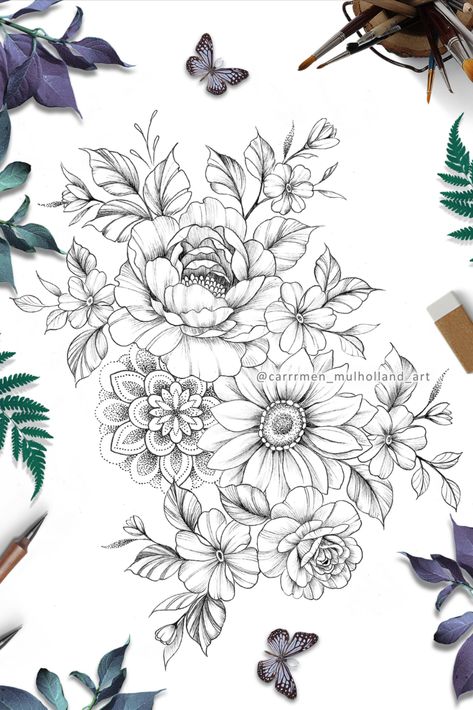 Fine line floral illustration tattoo design that includes a sunflower, a peony, leaves and a dot work mandala design hidden behind the flowers. Elegant and feminine artwork, hand drawn in black and grey. Womens Sleeve Tattoo Peony, Peonies And Sunflowers Tattoo, Floral Background Tattoo Design, Mandala Peony Tattoo Design, Mandela Tattoo With Flowers, Fine Line Flower Tattoo Thigh, Sunflower Floral Tattoo Design, Sunflower Tattoo Dotwork, Peony Sunflower Tattoo