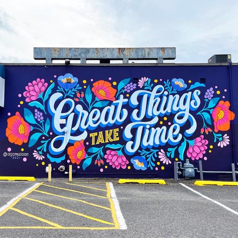 Mural in Clara Barton, Edison, New Jersey by artist Olga Muzician @olgamuzician Murals With Quotes, Wall Mural Quotes, Elementary School Murals Ideas, Retro Mural Wall Art, School Murals Highschool, Motivational Mural, Elementary School Murals, Name Mural, Text Mural